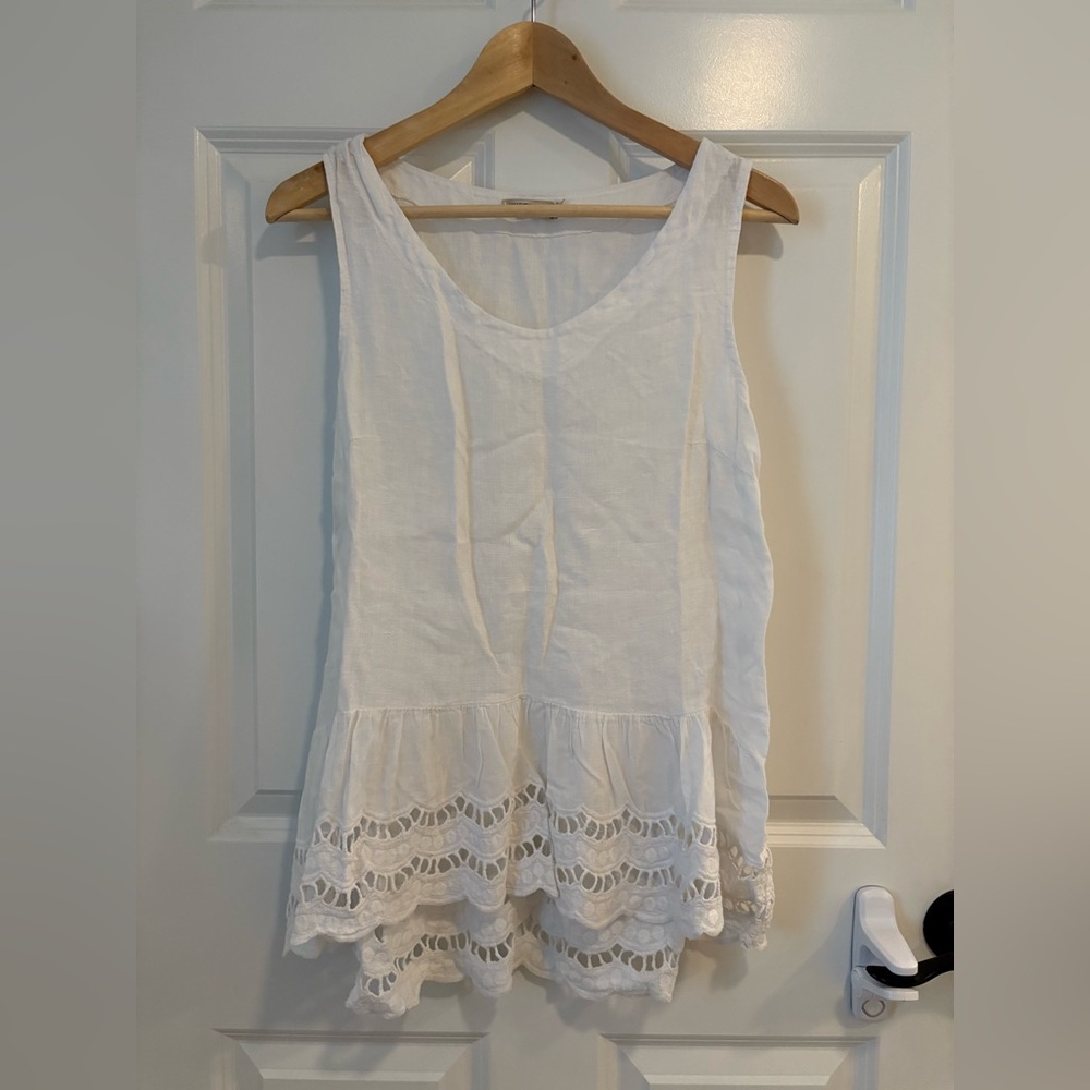 Valentina Naldi white 100% linen tank eyelet ruffle
